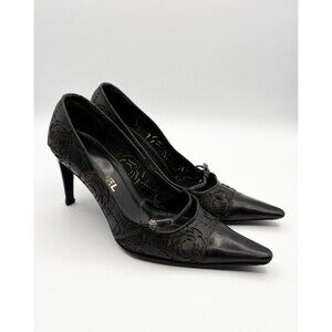 Chanel Black Leather Mary Jane Pointed Toe Heels w/ Camellia Accents Sz EU 38 8